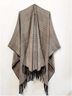 Plaid Patterned Cape W/ Fringe